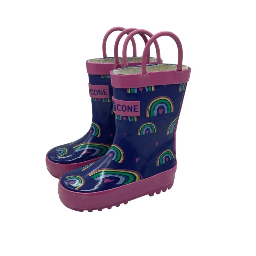 Lone Cone Kids Rain Boots Rainbow‎ Print Navy Pink Rubber US 4 Toddler